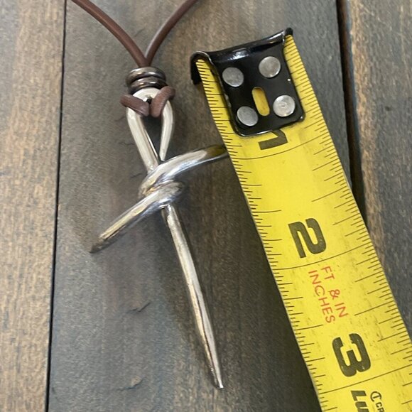 Rustic Silver Barbed Wire Twisted Nail Cross w/16” Leather Necklace (W8) - Picture 5 of 7